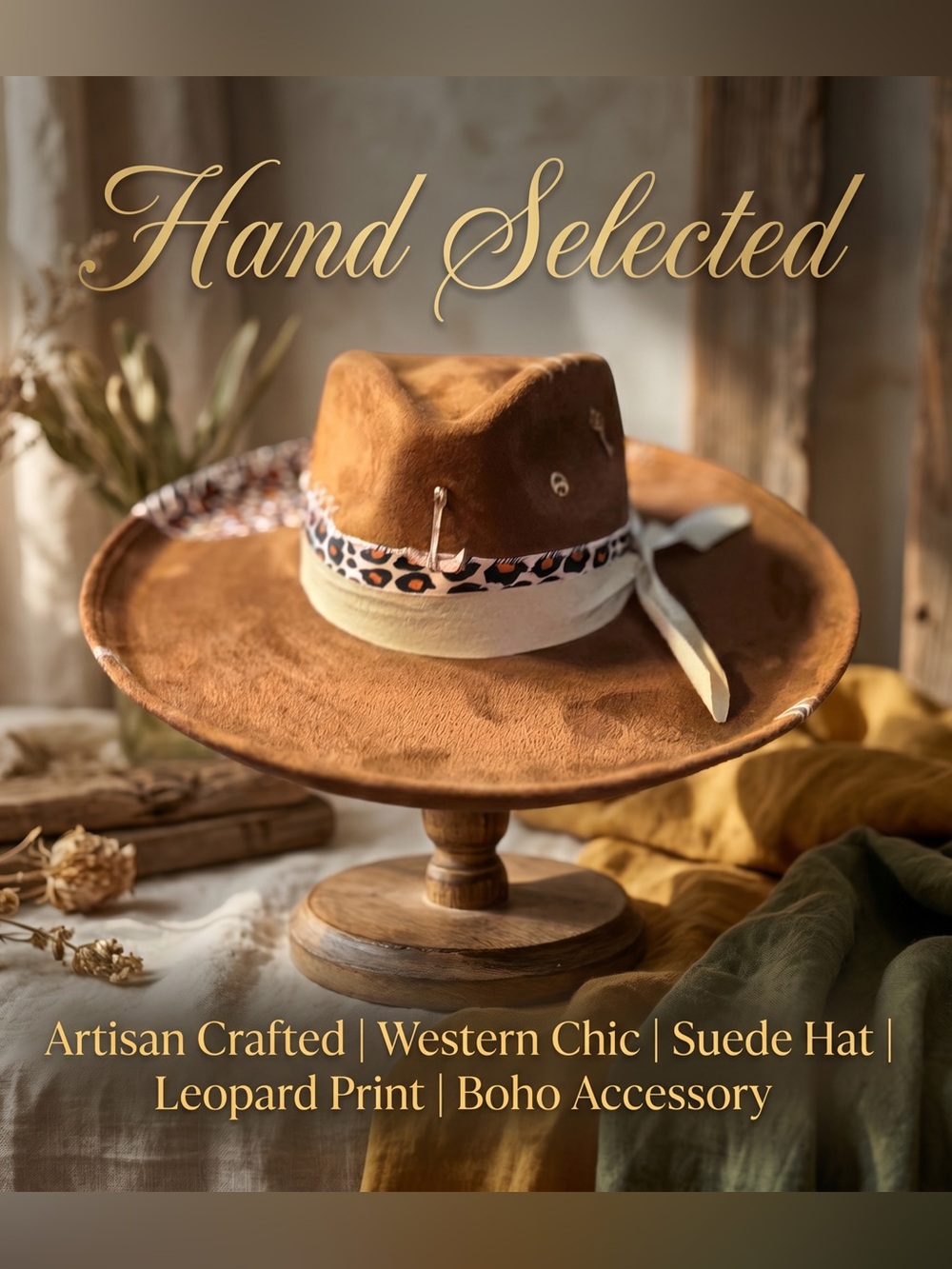 Hand made hand painted Brown Suede Hat with Leopard Band